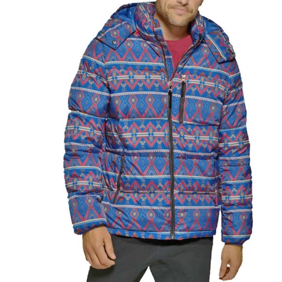 NEW! Club Room by Macys Stretch Hooded Puffer Jacket! Blue With Southwest Design